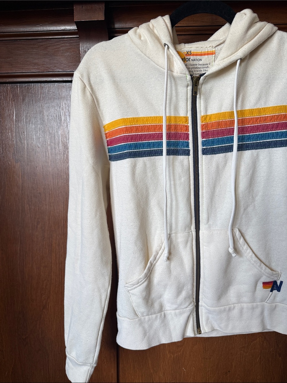 Aviator Nation Cream Hoodie with Orange and Yellow Retro Rainbow Stripes - Picture 3 of 6